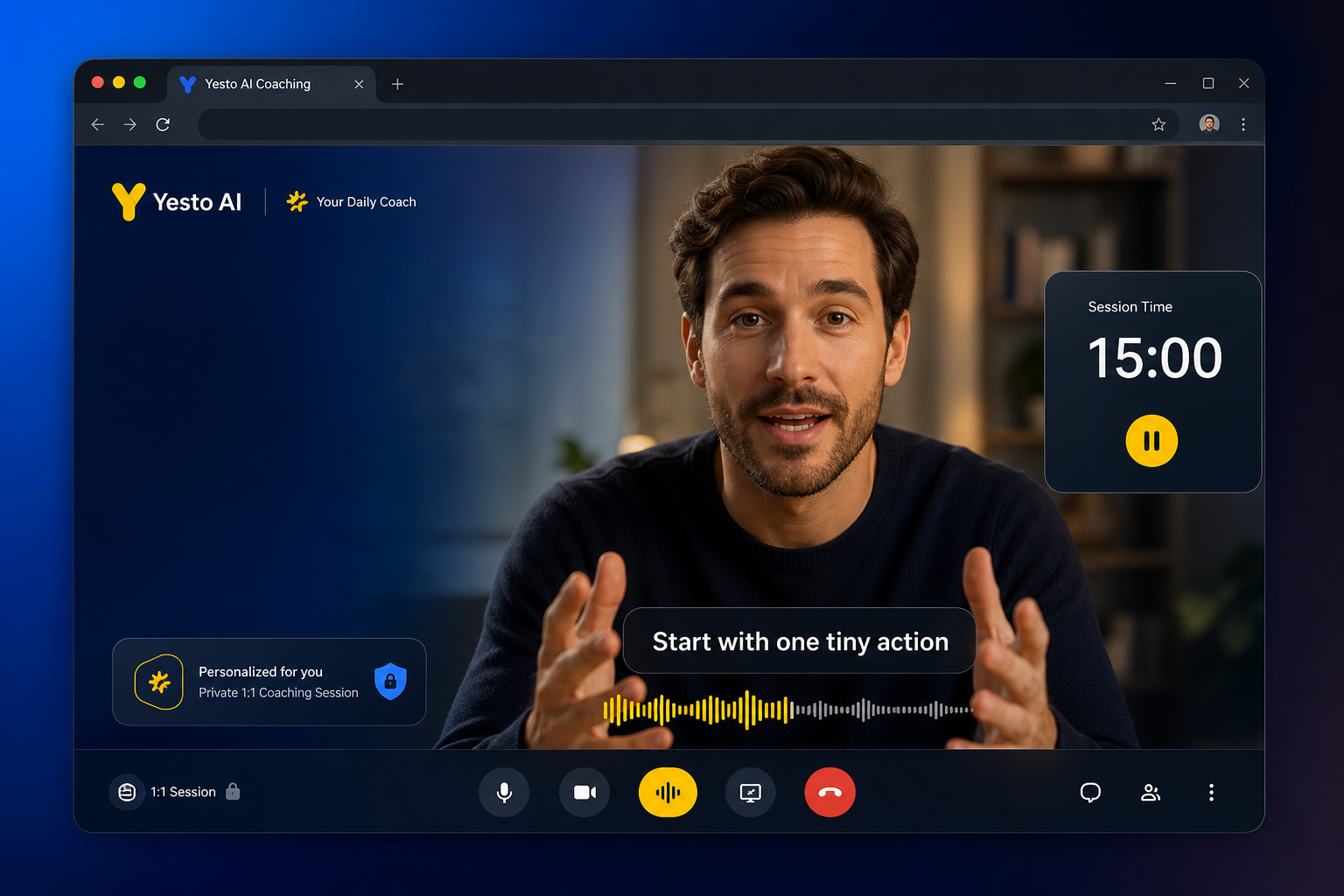 Placeholder preview of a lip-synced AI daily coach speaking inside a private Google Meet